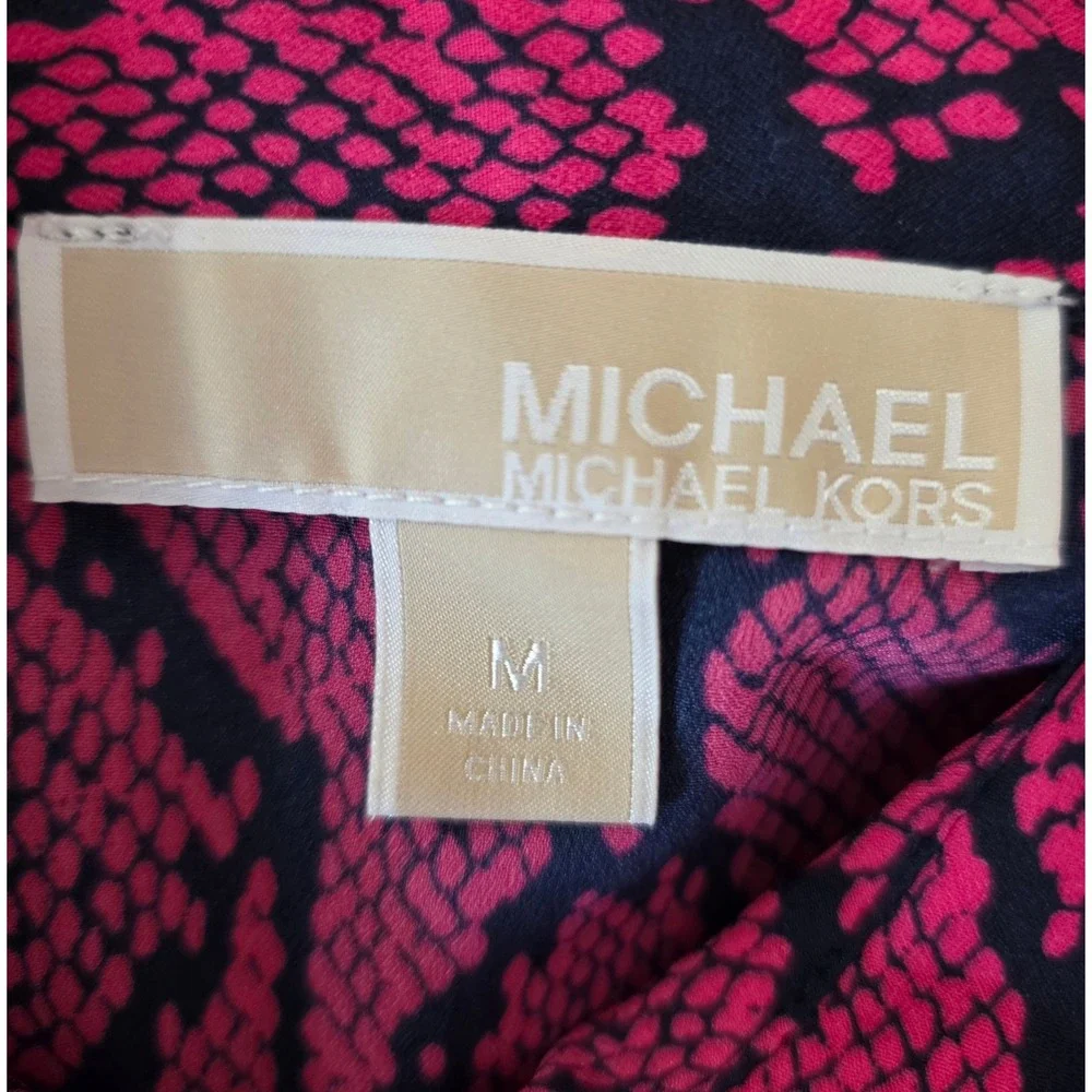 Michael Kors Zip Front Blouse Womens Medium Pink Snakeskin Roll Tab Sleeve Chic